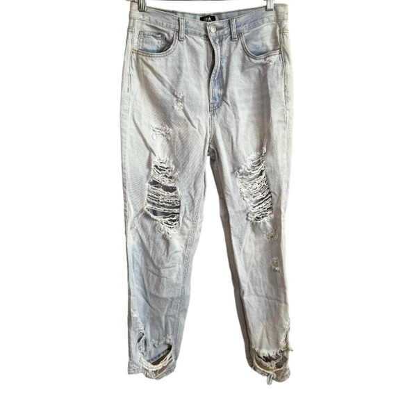 Simple Society Light Wash Distressed High Rise Mom Jeans - Picture 1 of 7